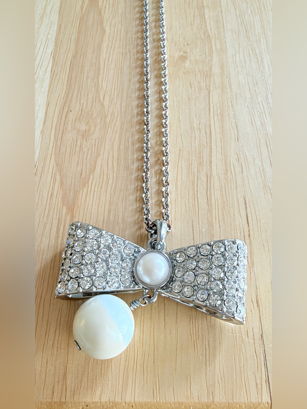 Rhinestone Bow Pearl Drop Pendant Necklace Silver Tone Coquette
